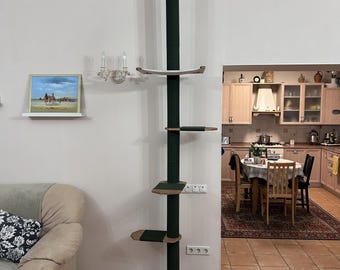 Green Tall Cat Tree Tower with Cat Hammock & Wooden Shelves, Floor to Ceiling Adjustable Cat Tree for Large Cats, Stylish Cat Furniture