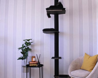 Árvore para gatos extragrande do chão ao teto com duas almofadas, torre de madeira natural, móvel moderno para gatos, poste arranhador alto, presente para gatos