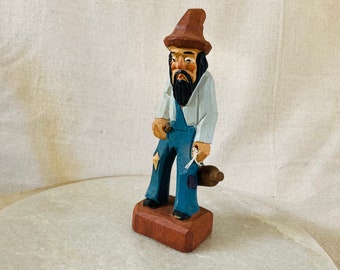 Vintage Carving Wood Man Figurine Black Forest Germany Hobo Bottle Blue 6.25”