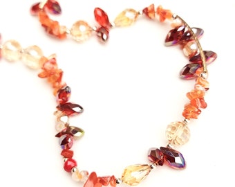 Vintage Red Orange Faceted Glass Agate Long Holiday Fancy Beaded Necklace 37"