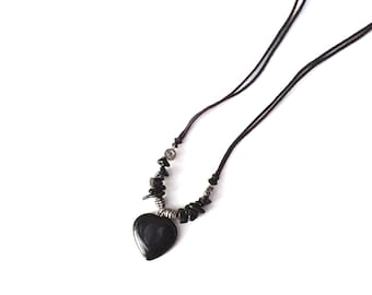 Vintage Black Heart Obsidian Stone Necklace CXD Silver Cord Chip Goth 20"