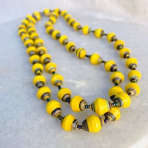 Vintage Yellow Paper Bead Necklace Colorful Handmade African Maximalist Bright 38&quot;