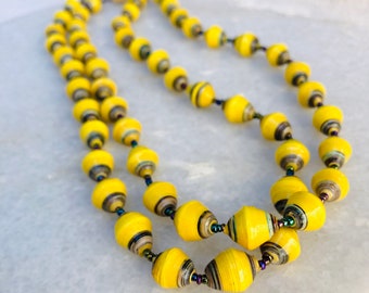 Vintage Yellow Paper Bead Necklace Glass Handmade African Maximalist Bright 38"