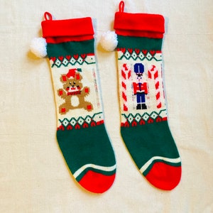 Vintage Pair Long Knit Christmas Stockings Teddybear Soldier Red Green White 19”