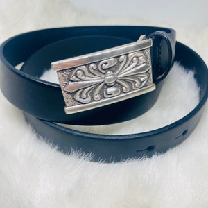 Vintage Black Leather Belt With Silver Scrollwork Buckle Made in USA Large 39”
