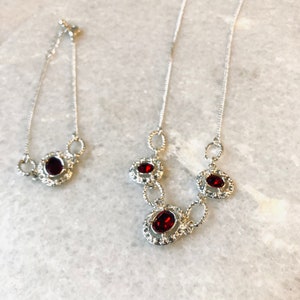 Ornate Silver Plated Crystal Chain Blood Red Gothic Vampire Necklace and Bracelet Set