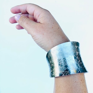 Silver Steel Womens Wide Cuff Bracelet Large Statement Engraved Floral Geometric Gladiator 2”