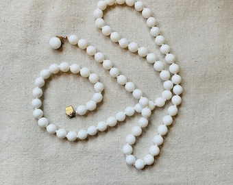 Vintage Long White Milk Glass Bead Necklace Chanel Style Minimalist 32”