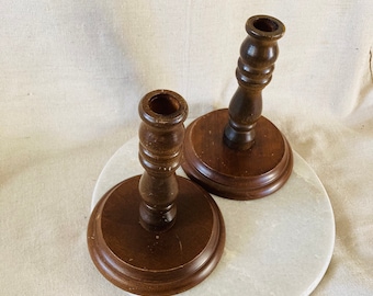 Vintage Pair Wooden Rustic Candle Sticks Dark Brown Used Solid 1970 Holders 6.5”