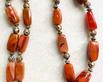 Vintage Carnelian Agate Orange Brown Gemstone Silver Bead Long Necklace 39”