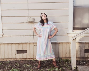 Vintage Rainbow Stripes Maxi Lounge Casual PJ Pride Comfort Dress Long White XXL