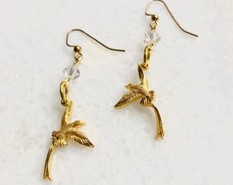 Vintage Bird Dangle Earrings Faceted Crystal Beads Gold 70s Handmade 2.375”
