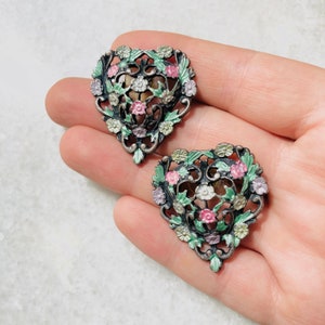 Vintage Garden Fairy Pastel Enamel Filagree Metal Heart Flowers Earrings Victorian 1.5”