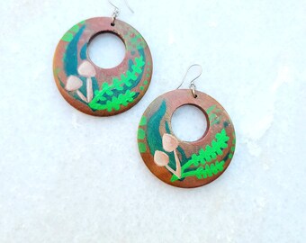 Vintage Hand Painted Mushroom Wood Round Hoop Earrings Hippie Forest 2"