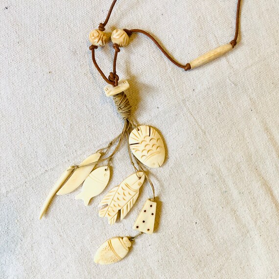 Vintage Carved Bone Fish Necklace Long Brown Leat… - image 6