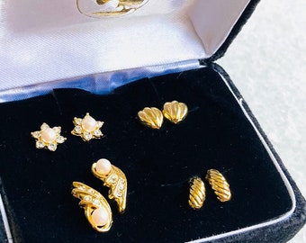 Vintage Stud Pearl Box Four Sets Multiple Pierced Earrings 80s 90s Gold Plated