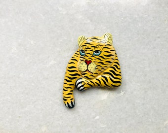 Vintage Hand Painted Wood Tiger Brooch Black Yellow Cat Animal 2.25”