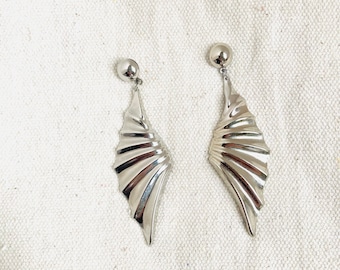 Vintage Mercury Wing Earrings Silver Tone Dangle Statement Long Modernist 3”