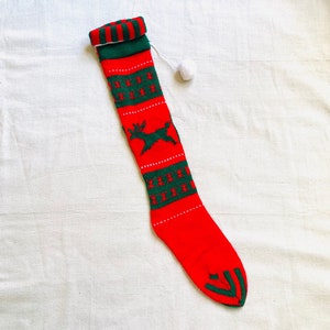 Vintage Red Green White Reindeer Long Woven Knit Christmas Stocking 22”