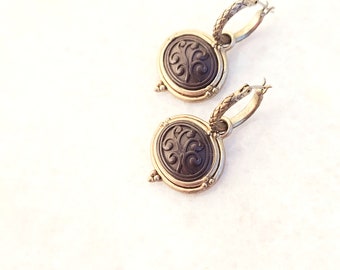 Vintage Brown Oval Brass Hoop Dangle Earrings Filagree Resin Antique Style 1.5"