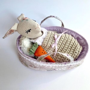 handmade doll set, bunny doll,doll bed set,doll carry cot, heirloom doll,handcrafted toy,rabbit toy,baby doll