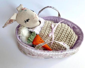 Ensemble de poupées lapin en lin fait main, nacelle, couverture au crochet