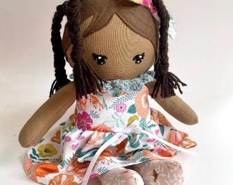 Handmade Heirloom Cloth Doll, Floral Dress, Crocheted Collar