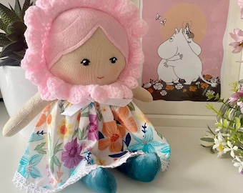 Handmade Flower Rag Doll, Embroidered Face, Floral Dress