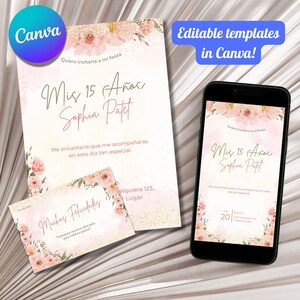 Modelo de convite de aniversário floral laranja e rosa editável, cartão de agradecimento de aniversário com tema floral delicado e formato digital