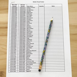May include: A white sheet of paper with a grid of columns and rows. The columns are labeled "New Color Number", "Old Color Number", "Color Name", "Quantity", and "Notes". The rows are filled with numbers and color names. A pencil is lying on the paper.