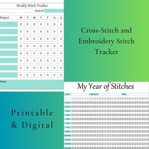May include: Printable and digital cross-stitch and embroidery stitch tracker. The tracker includes a weekly planner with a project list and a yearly planner with a stitch goal for each month.