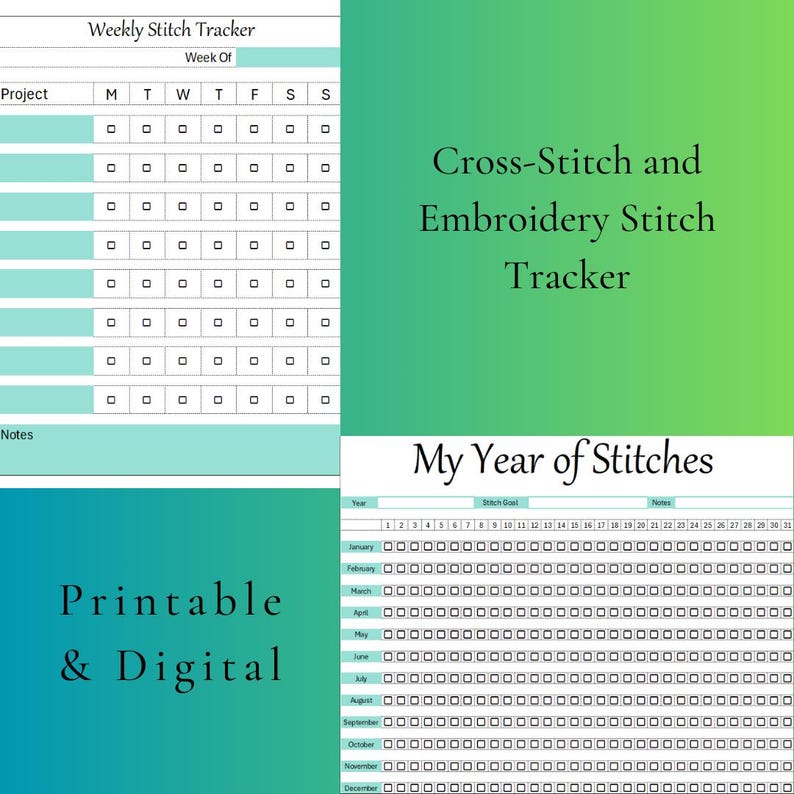 May include: Printable and digital cross-stitch and embroidery stitch tracker. The tracker includes a weekly planner with a project list and a yearly planner with a stitch goal for each month.