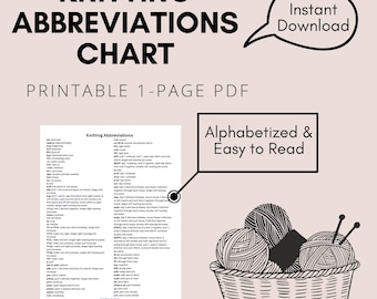 Tabella delle abbreviazioni per lavorare a maglia in formato PDF / Guida ai termini per principianti per lavorare a maglia / Riferimento per Stati Uniti e Regno Unito / Foglio riassuntivo stampabile