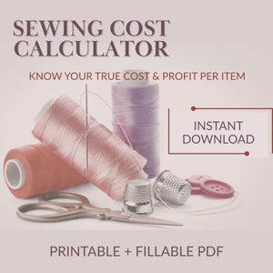 May include: Image of a sewing cost calculator with text that reads "SEWING COST CALCULATOR" and "KNOW YOUR TRUE COST & PROFIT PER ITEM". The image also includes spools of thread, scissors, thimbles, buttons, and a needle.