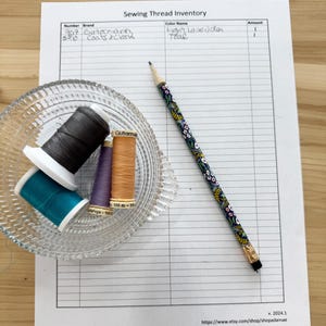 Könnte beinhalten: Ein Nähgarn-Inventarblatt mit einer Liste der Garnmarken, Farben und Mengen. In einer Glasschale befinden sich vier Garnrollen, darunter eine türkisfarbene, eine violette, eine orangefarbene und eine schwarze Rolle.