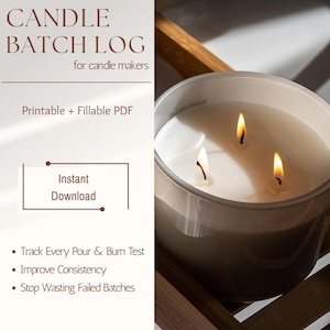 May include: A lit three-wick candle in a clear glass container. The candle's white wax is visible, and the flames are bright yellow. Text on the left reads "CANDLE BATCH LOG" and "Printable + Fillable PDF". The image is for candle makers.