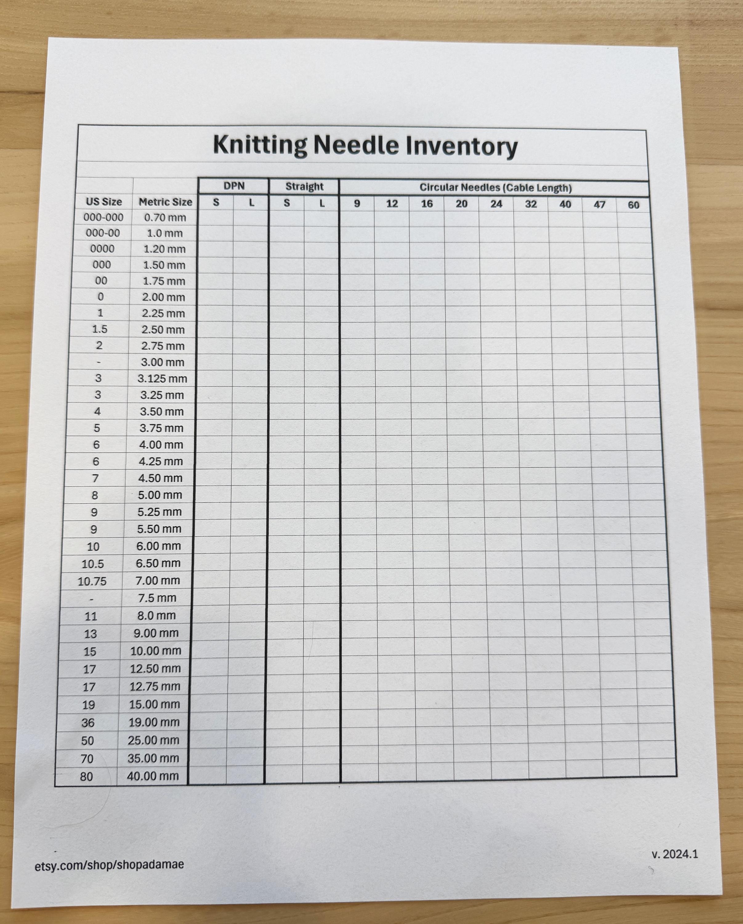 Needle Inventory Knitting Needle Inventory (printable and Digital PDF and Spreadsheet ...