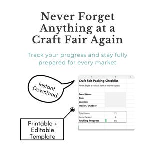 クラフトフェア用梱包チェックリスト、出店者ブース用梱包リスト（印刷可能なPDFファイル＋編集可能なExcelトラッカー）