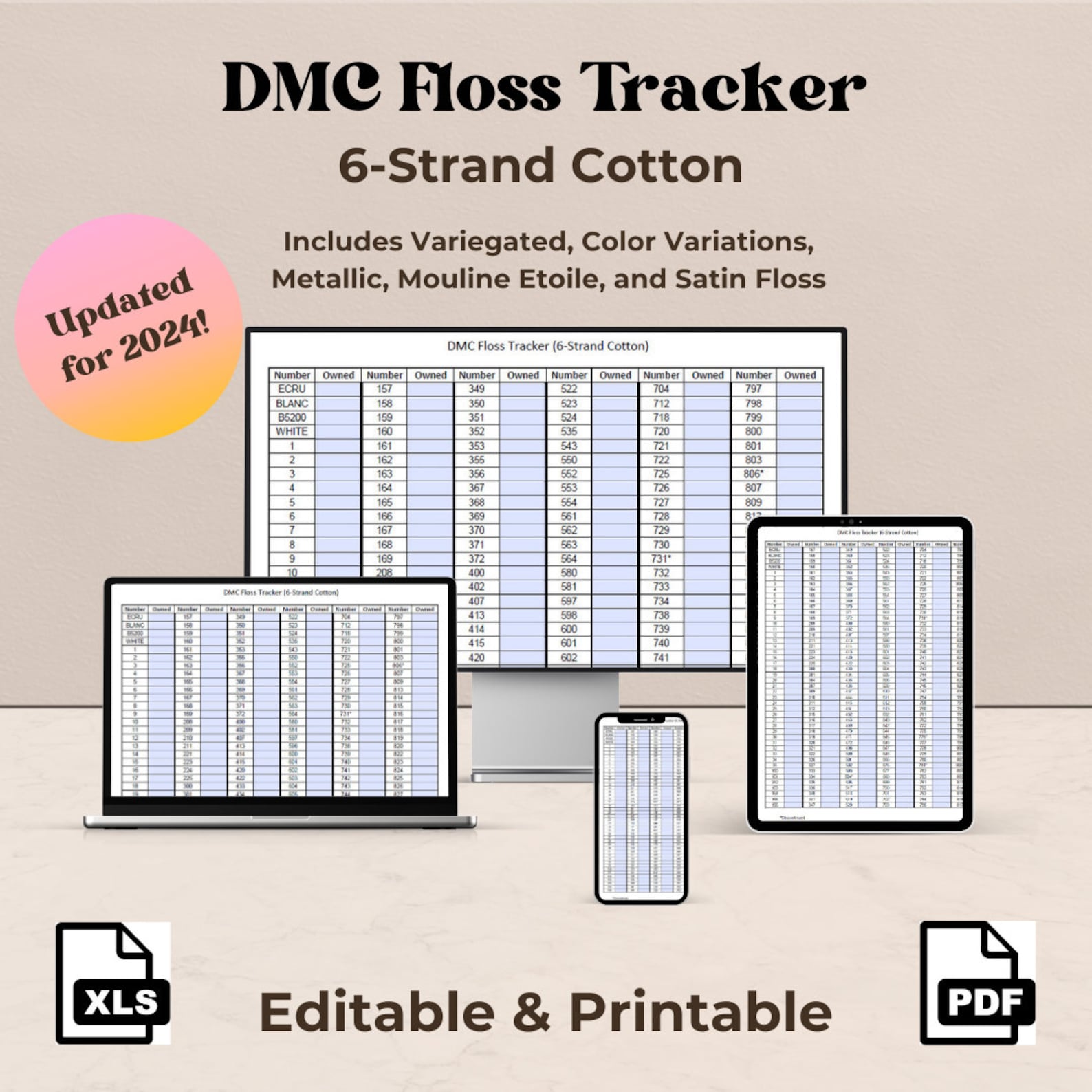 Dmc floss inventory tracker printable editable pdf and spreadsheet