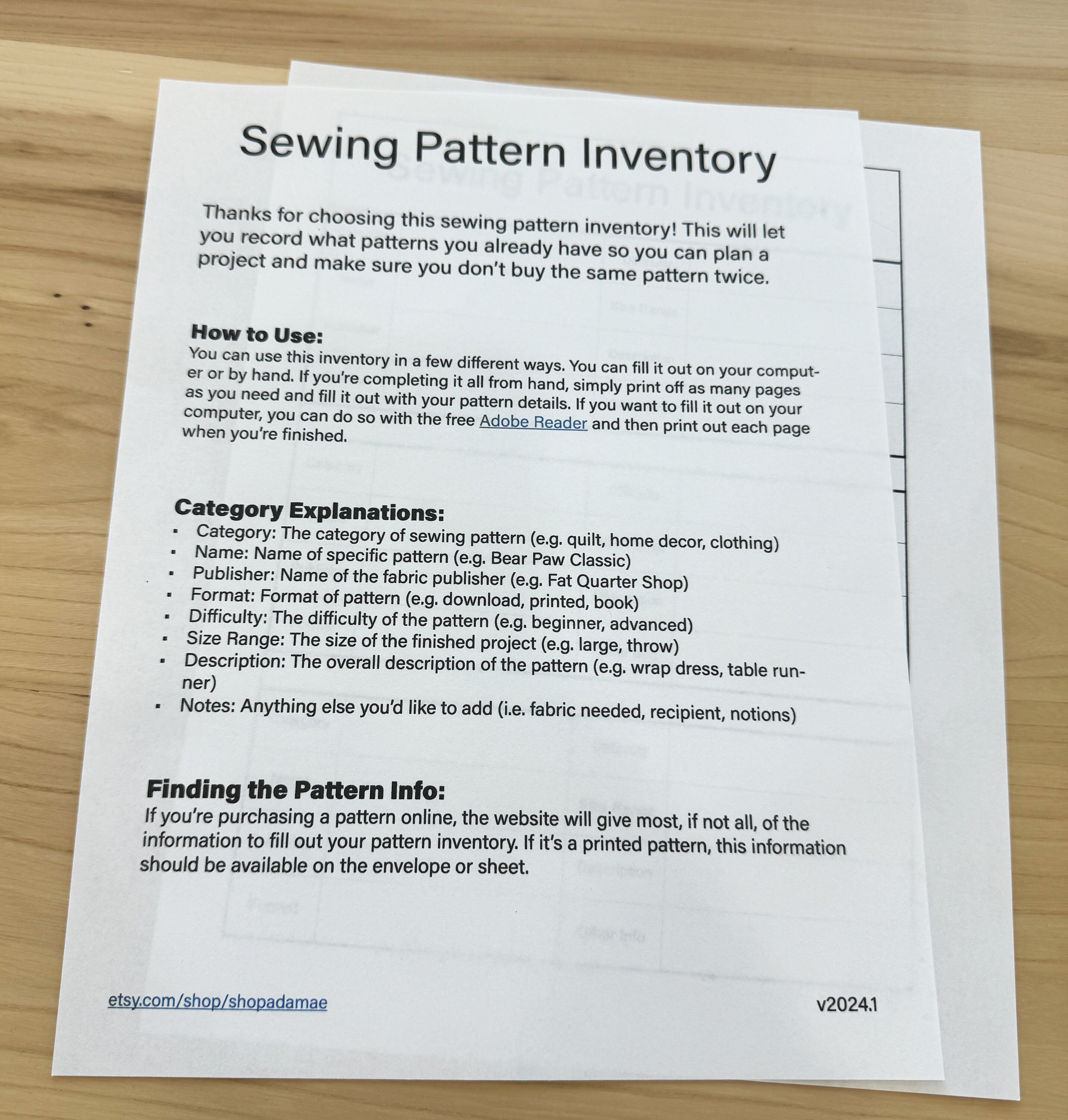 Pattern Simple Inventory Form Sewing Pattern Inventory to Keep Your Patterns Organized (printable and ...
