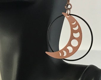 Copper Moon Hoop Earrings Native Made BIPOC Owned Hoop Dangle Earrings Moon Phases Copper & Black also available with Silver Moon
