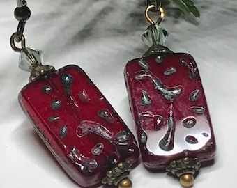 Winterberry Earrings Carved Red Czech Glass Green Vintage Genuine Swarovski Crystal Petite Dangle Lightweight Earrings  BIPOC Native Made