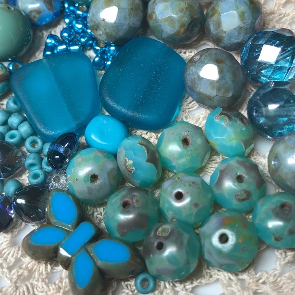 DESTASH Blue Beads Lot Vintage and New Czech Glass Beads Misc BLUE Bead Lot Mix Turquoise Periwinkle Aqua Butterfly Faceted Etc and Toho