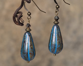 Indigo Bunting Earrings Carved Czech Glass Drops Teardrops with Swarovski Crystals Nature Inspired Native Made Blue Earthy Earrings