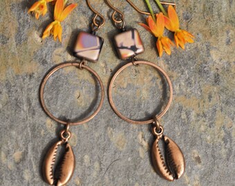 Mooningwaanikaaning Madeline Island COPPER Hoop Earrings with Megis / Cowrie Shell & Vintage Czech Glass Native Made BIPOC Owned