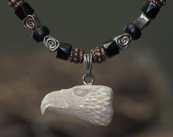 Hand Carved Antler Eagle Necklace Copper Lead Free Pewter and Czech Glass Beads OOAK Native Handmade BIPOC