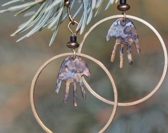 Aanikoobijiganag ‘Ancestors’ Native Made Glyph Handprint Hoop Earrings Petroglyph BIPOC