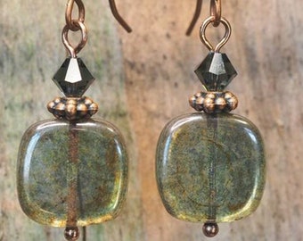 BangishimonZaaga'igan Dusk on the Lake Czech Glass and Swarovski Crystal Bead Earrings Petite Earrings Deep Green & Copper BIPOC Native Made
