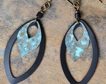 Earrings Turquoise Sunset Black Marquise and Patina Dangle Drops Native Made BIPOC