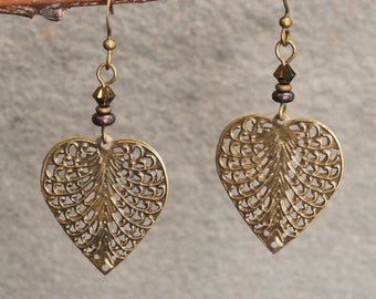 AzaadiAniibiish Aspen Leaf Earrings Lightweight Heart Shape Vintage Brass Filigree Earth Tones Dark Plum Swarovski Crystal Native Made BIPOC